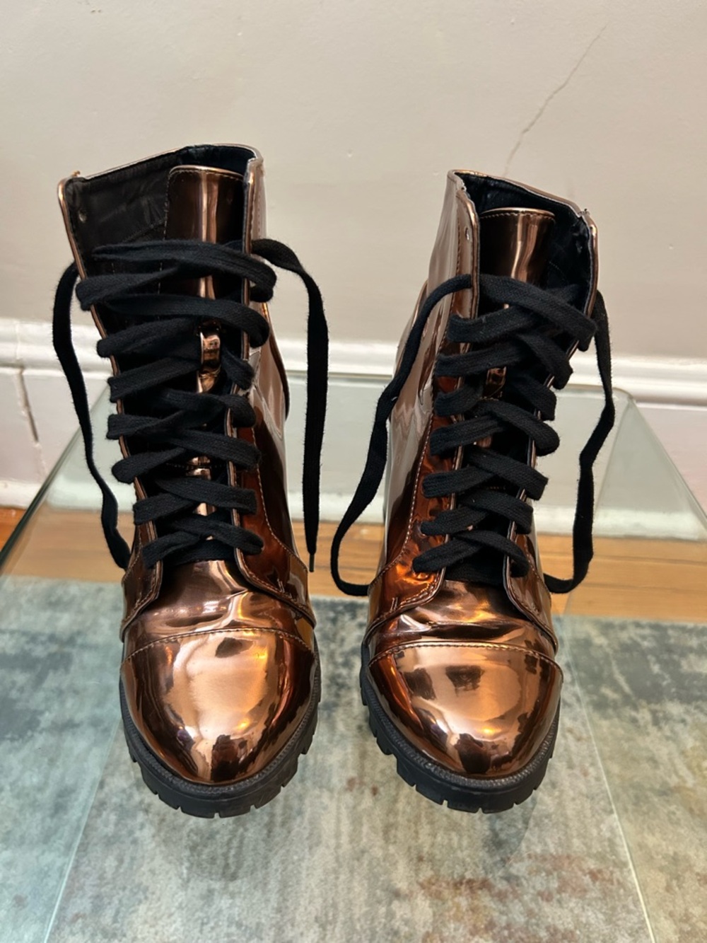 Qupid Metallic Rose Lace-Up Combat Boots 8.5